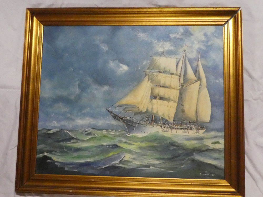 G**F**Croker - oil on board Three masted schooner at sea, signed,