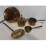 A 19th Century copper frying pan with iron handle, two other various cooking pans,