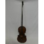 An unusual old one string violin with 14" figured two piece back and elongated neck with scroll,