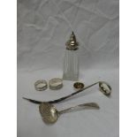 A cut glass sugar sifter with silver mounted top,