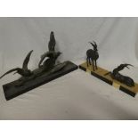 An Art Deco bronzed Spelter figure of two flying birds on black slate base (af) and one other Art
