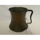 A Middle Eastern copper tapered vessel with iron handle 7" high