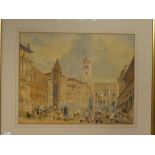 Artist Unknown - watercolour Continental town scene with numerous figures,