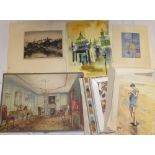 Artist Unknown - watercolour Country house interior scene 16" x 23" and a selection of various