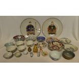 A selection of various Japanese ceramics including a pair of Satsuma circular plates with emperor