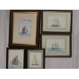 Len Hatcher - watercolours Five small watercolours of shipping and yachts including "Schooner Rhoda