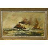 V**W**Ellis - oil on canvas Sailing boat and tug at sea, signed, labelled to verso,