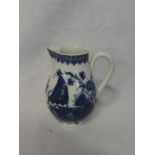 An 18th Century Caughley china tapered jug with blue & white figure and landscape decoration,