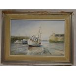 Wyn Appleford - oil on canvas Cornish Harbour scene with fishing boats,