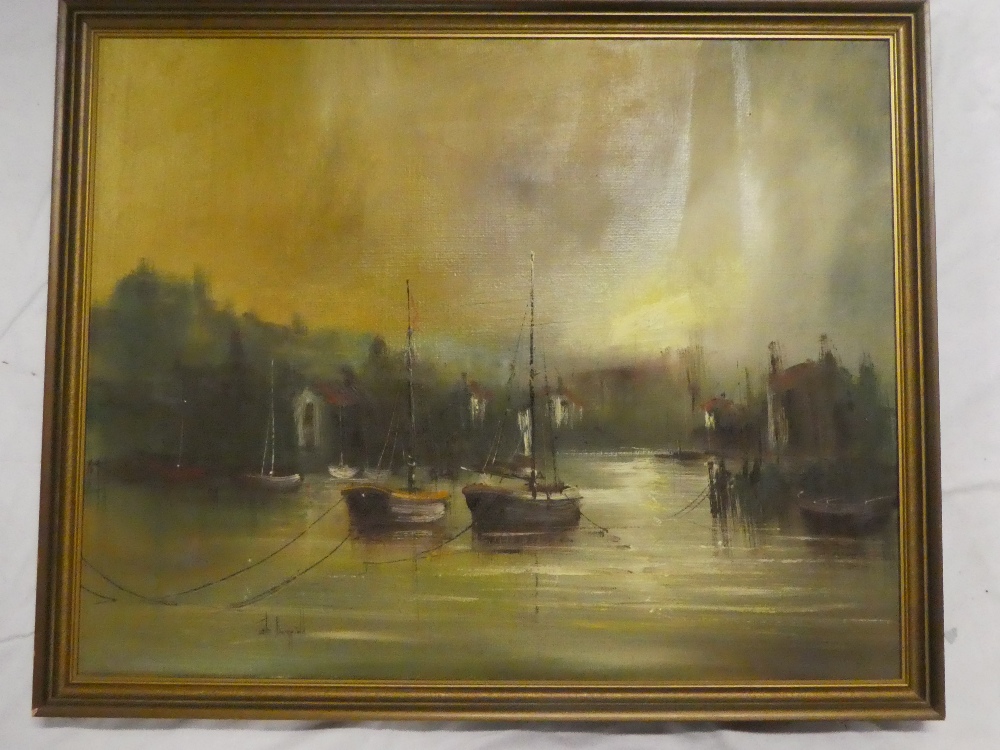 John Bampfield - oil on canvas Harbour scene with fishing boats, signed,