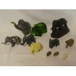 A selection of various elephant figures including spelter standing elephant;