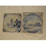 Two 18th Century ceramic square tiles with blue and white landscape/river scene decoration