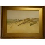 W**Parkyn - watercolour Cornish dunes with church in the distance, signed,