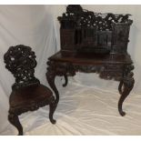 An unusual Japanese carved mahogany desk decorated all over with dragons and scrolls,
