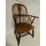 A 19th Century elm and ash Windsor-style chair with polished seat on cut-down legs (af)