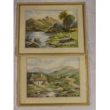 F**E**Jamieson - watercolours Highland cottage scene with cattle and Highland lake with sheep,