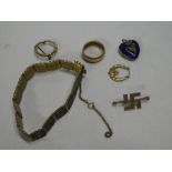 A 9ct gold wedding band, enamelled heart-shaped locket pendant, Eastern-style bracelet,
