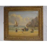 S**Daniel - oil on canvas Coastal scene with fishing boats and figures on the shoreline,