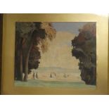 J** Brabenee - watercolour Estuary scene with figures walking,