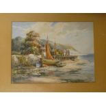 C**Goodall - watercolour Mediterranean coastal scene with fishing boats, signed,