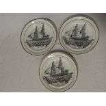Three 19th Century pottery circular plates with black & white shipping scene transfer decoration