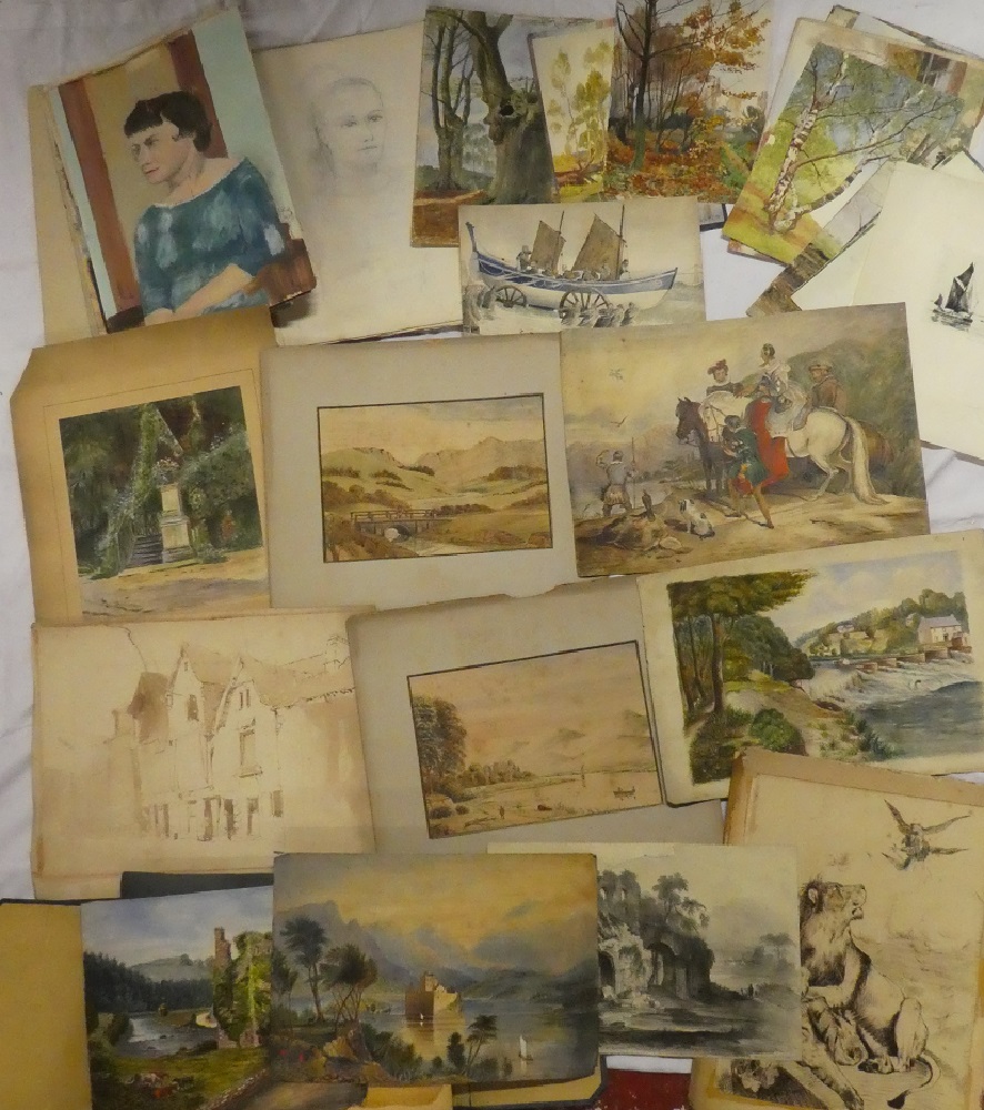 A selection of various unframed watercolours, illustrations,