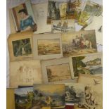 A selection of various unframed watercolours, illustrations,