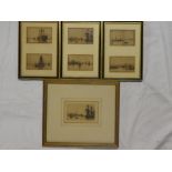 Six small black and white etchings of river scenes with shipping after W Ball,