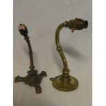 An old brass curved wall light 10" high and one other old brass desk lamp on trefoil base (2)