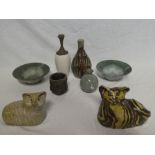 Two various Studio pottery cat figures and a selection of Studio pottery vases, bowls,