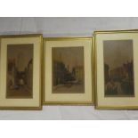 Three coloured etchings of Bruges, Amiens and Malines, signed by Doctor D Donald, labelled,
