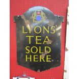 An enamel double sided sign - Lyons Tea sold Here, black backing, yellow lettering, 18" x 24",