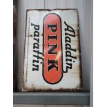 An enamel double sided Aladdin Pink paraffin sign, no flange,