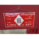 An enamel sign: Love's Feeding Specialities,