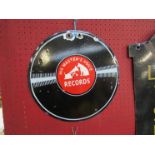 An enamel double sided sign as a record for HMV, 14" diameter,