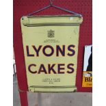 An enamel double sided sign; Lyons Cakes,