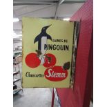 A French enamel double sided sign for 'Laines Du Pingouin Chaussettes Stemm', 17.5" x 23.