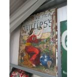 A Phillips Tea pictorial enamel sign depicting a seated lady chiselling out the letters "Theres No