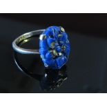 An Art Deco carved Lapis Lazuli stone ring on white gold 9ct, size N, 2.