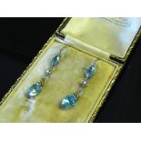 A pair of Edwardian aqua coloured, pearl and diamond floral drop earrings, 3.