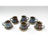 Diana Worthy Crich Pottery set of six stoneware coffee cups and coasters.
