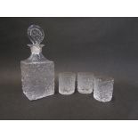 A Whitefriars glass "Glacier" range decanter and stopper plus three tumblers