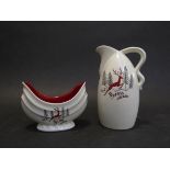 A 1950's Crown Devon jug and bowl, white with red Stag pattern. Tallest 17.