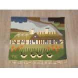 A Swedish wall hanging depicting farmstead with ducks. T.K monongram bottom left.