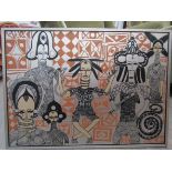 A 1970's print on aluminium of stylised African Tribal figures. Unsigned. 54cm x 75cm overall.