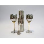 A pair of Stuart Devlin plated goblets and similar styled textured vases, tallest,