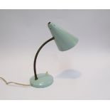 A 1960's desk lamp with flexible stem in pale turquoise,