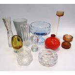 A collection of art glass vases and dishes including Wedgwood, Dartington etc in clear, grey,