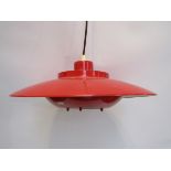 A Danish style red painted ceiling pendant light of two tiers