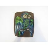 A stylised 1960's large stoneware art pottery tile wall hanging with owl design 33cm x 26cm